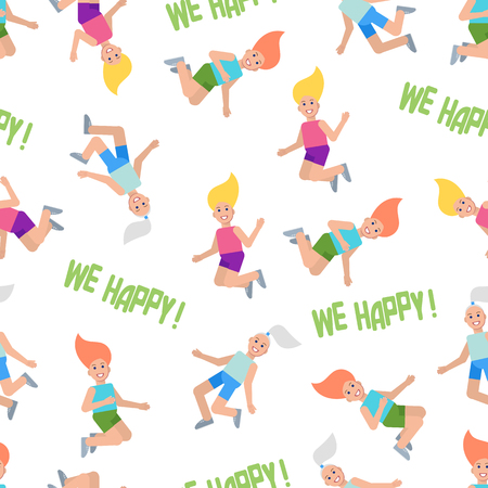 Happy girls in bright clothes on a white background in jumping. Seamless background. Vector illustration.のイラスト素材