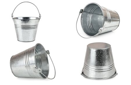 empty metal bucket isolated on a white backgroundの写真素材