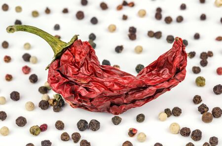 different varieties of pepper and dried chili peppers on white backgroundの写真素材