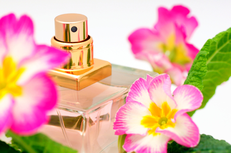 Woman perfume and pink flowers の写真素材