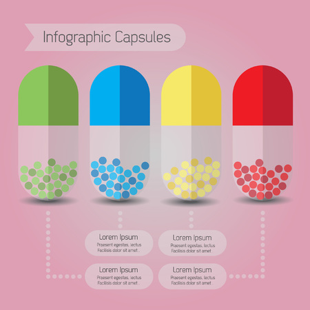 Info graphic close up of colorful capsules on pink background - With colors red, green, blue, yellow and content details inside transparent containersのイラスト素材