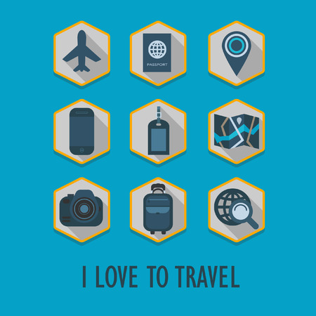 Hexagon travel icons set with long shadow - I Love To Travelのイラスト素材