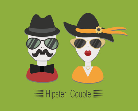 Hipster couple with sunglasses and hats on green backgroundのイラスト素材