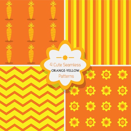 Set of 4 cute orange and yellow seamless patternsrrots, stripes, chevron, flowersのイラスト素材