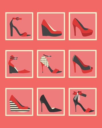 Unique women shoes square icons set in pink and redのイラスト素材