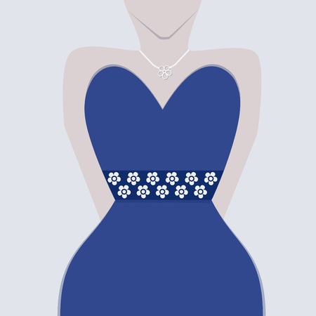Female fashionable blue gown with floral waist band and pearl necklace close upのイラスト素材