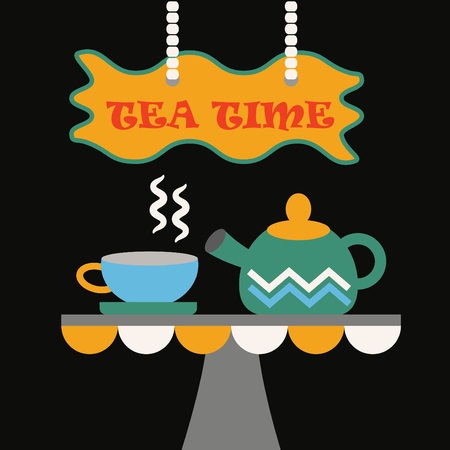 Cute cup of tea and a tea pot with Tea Time signのイラスト素材