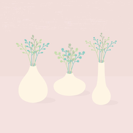 Set of different vases with wildflowers on pink textured backgroundのイラスト素材