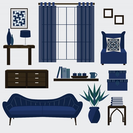 Living room furniture and accessories in color navy blueのイラスト素材