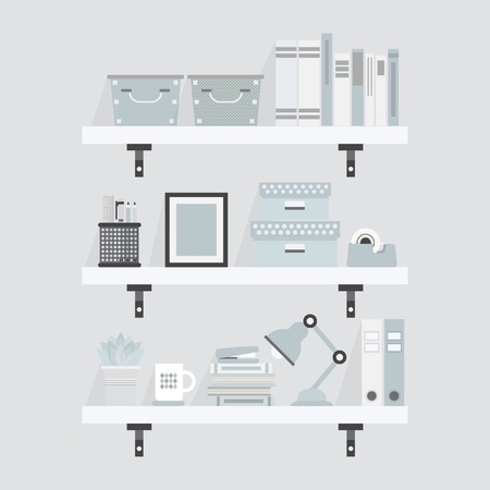 Pretty white and teal shelves and decoration objects  Flat designのイラスト素材