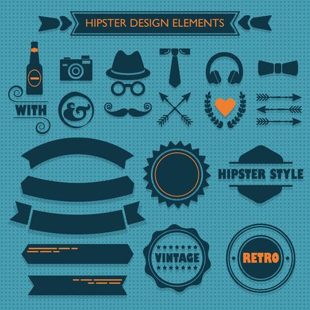 Hipster design elements set on blue dotted pattern backgroundのイラスト素材