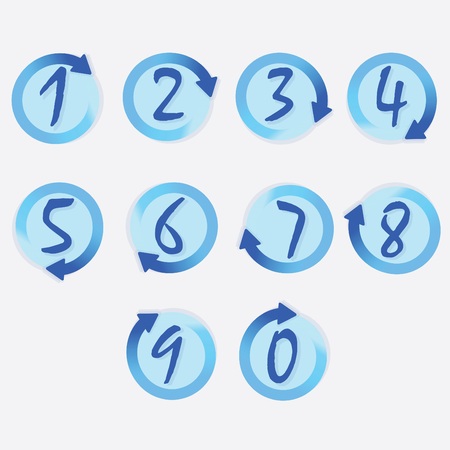 Blue circle hand written numbers set with brushed turning clockwise rotation arrow bordersのイラスト素材