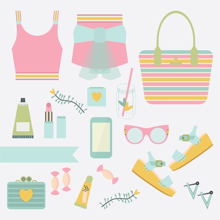 Pink and teal ladies summer fashion clothing and accessories setのイラスト素材