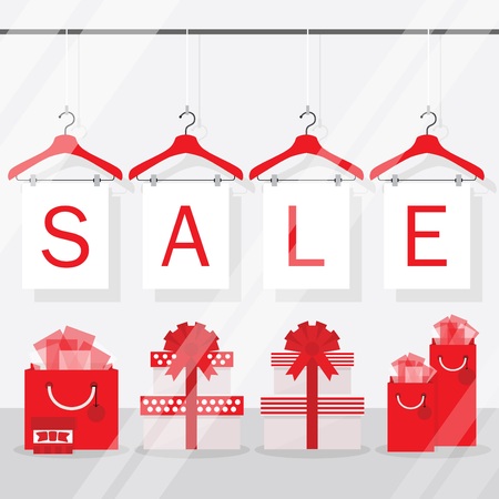 Clothing hangers SALE signage and banners with gift boxes and gift bags decorationのイラスト素材