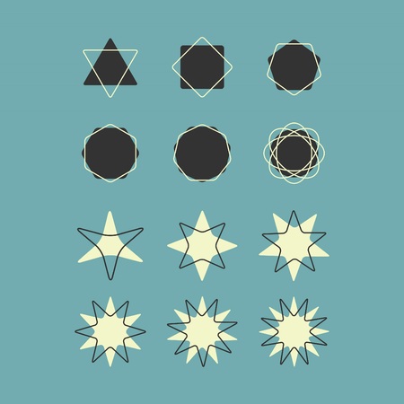 Line and silhouette geometrical shapes icons set on retro blue backgroundのイラスト素材