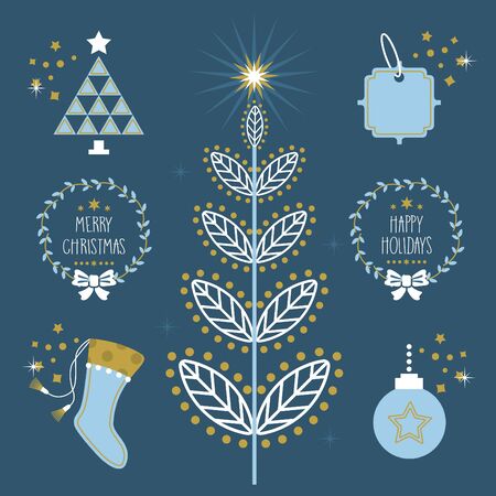 Trendy blue Christmas Holiday flat symbols and icons set with sparklesのイラスト素材