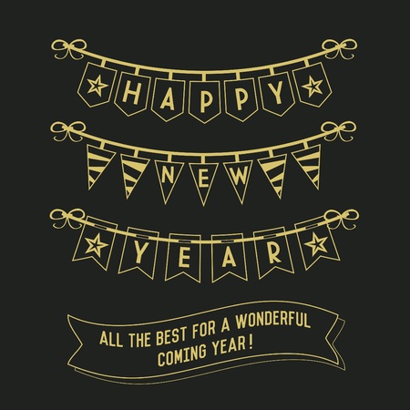 Happy New Year buntings and decorations on black backgroundのイラスト素材
