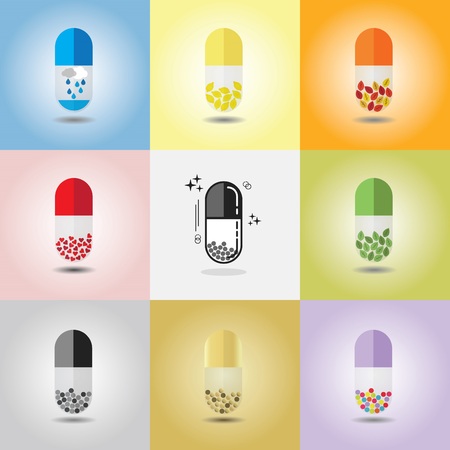 Abstract close up of colorful and conceptual single capsules set with different concepts and colorsのイラスト素材