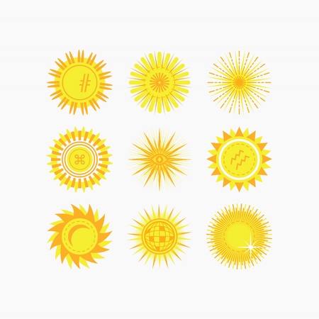 Cute yellow isolated sun and flower icons set on white backgroundのイラスト素材