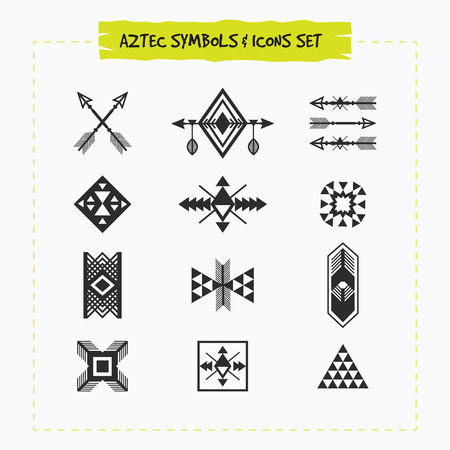 Black silhouette Aztec and tribal signs and symbols icons set on white backgroundのイラスト素材