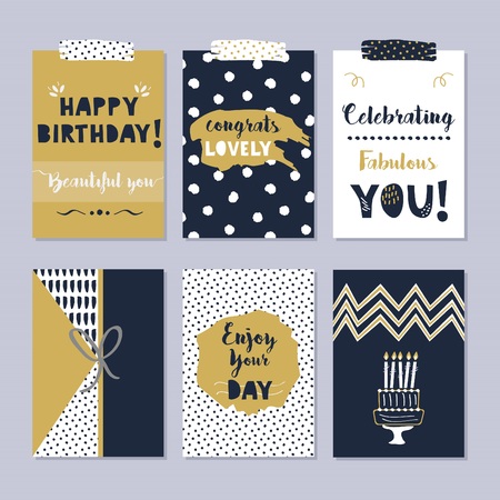 Golden and dark navy blue Happy Birthday cards set on trendy gray backgroundのイラスト素材