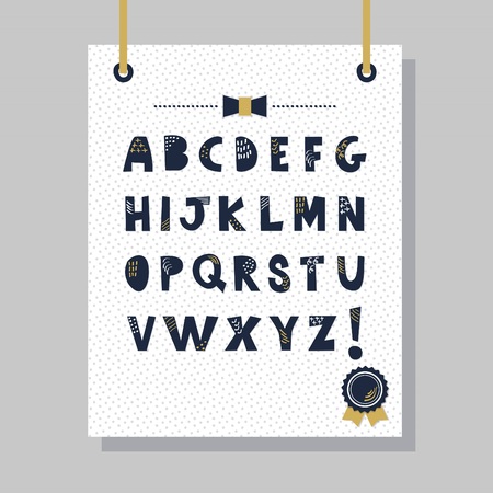 Cute navy blue doodle texture capital letters set on hanging white dotted pattern paperのイラスト素材