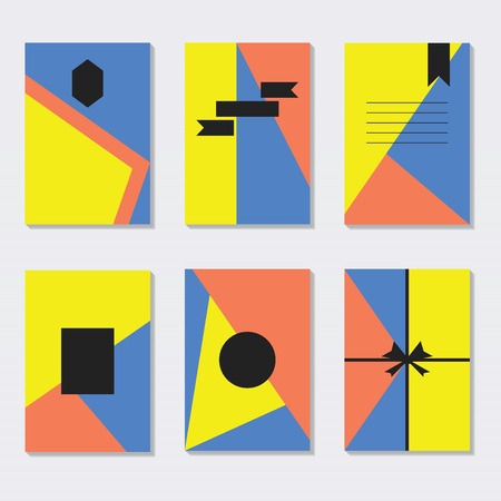Yellow, blue, and coral trendy cards templates set with empty black labels