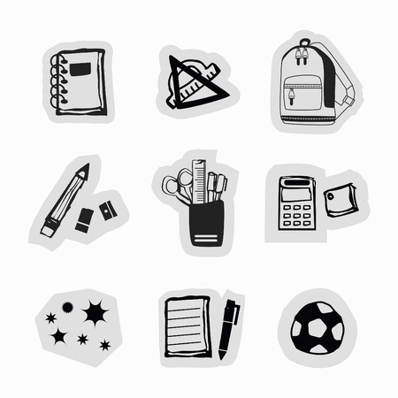 Inky black hand drawn school supplies and stationery stickers icons setのイラスト素材