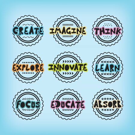 Black line stamps and labels set with colorful positive inspirational messages on blue backgroundのイラスト素材