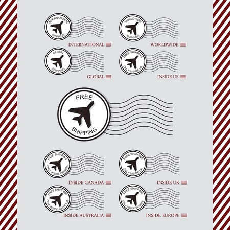 Shipping and air transport service white circle stamps set with stripe pattern sidesのイラスト素材
