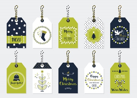 Green and dark navy blue Christmas and Holiday gift tags set on gray backgroundのイラスト素材