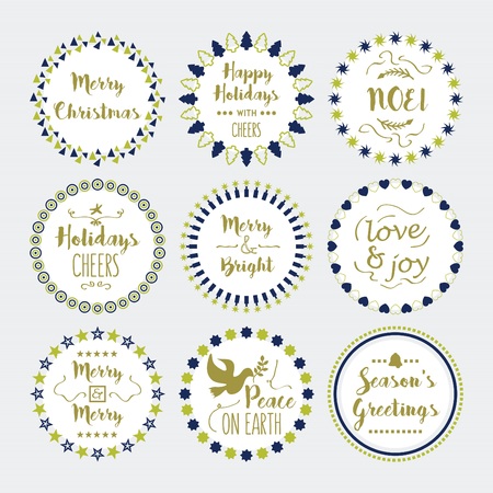 Cute Christmas and Holiday wishes wreath and emblems setのイラスト素材
