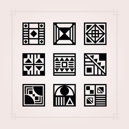 Geometrical black square shape patterns tiles icons set on pink backgroundのイラスト素材
