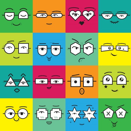 Cute colorful square stickers emoticons faces with different geometrical shapes eyeglasses icons set on color backgroundのイラスト素材