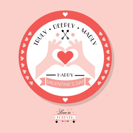 Cute Happy Valentine's day badges emblem on pink background with hands showing heart symbolのイラスト素材