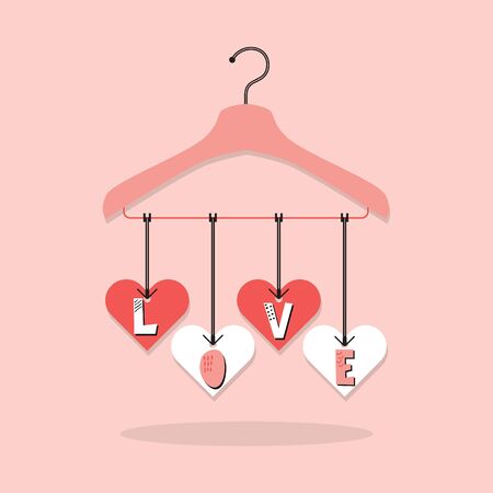Cute pink hanging LOVE paper cut font, with heart tags hanger on pink backgroundのイラスト素材