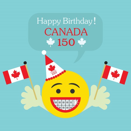 Happy Birthday! Canada 150 emoji icon with orthodontics teeth and Canada flagsのイラスト素材