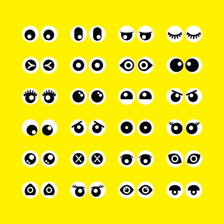 Cute assorted cartoon circle eyeballs emoji icons set on yellow backgroundのイラスト素材