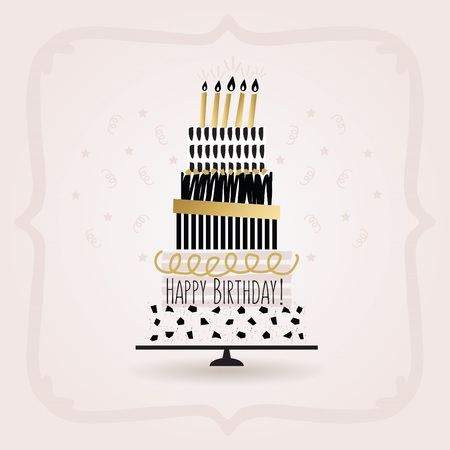 Black and golden Happy Birthday cake card on pink gradient backgroundのイラスト素材