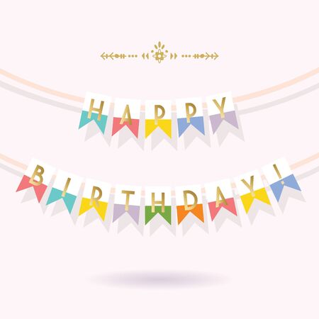 Golden and colorful Happy Birthday buntings on pink backgroundのイラスト素材