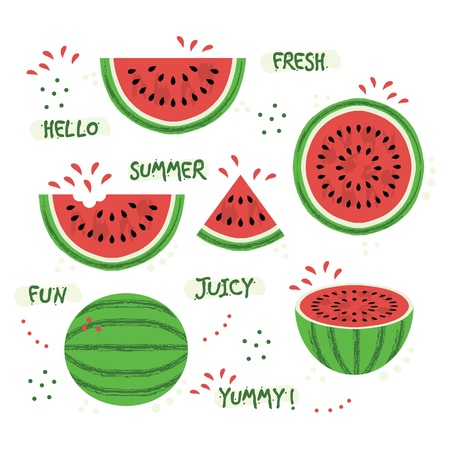 Green and red whole and sliced juicy summer watermelon icons set on white backgroundのイラスト素材