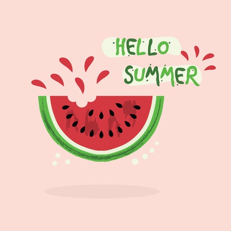 Cut red juicy Hello Summer watermelon icon on pink backgroundのイラスト素材