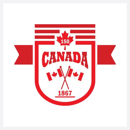 Red rounded banner Canada 150 and flags emblem icon on white backgroundのイラスト素材