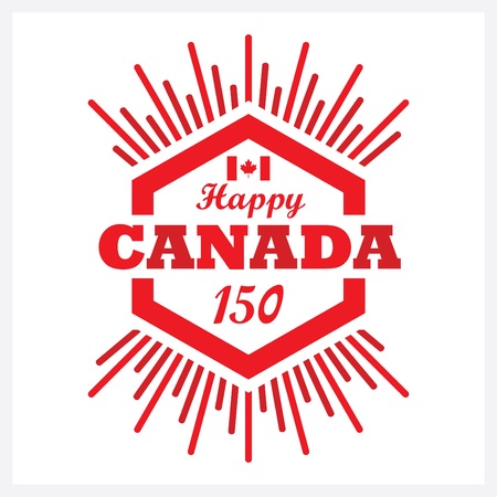 Red hexagon Happy Canada 150 emblem icon with sunbeam on white backgroundのイラスト素材