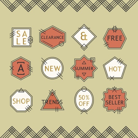 Trendy coral red and white line sale emblems set on beige backgroundのイラスト素材