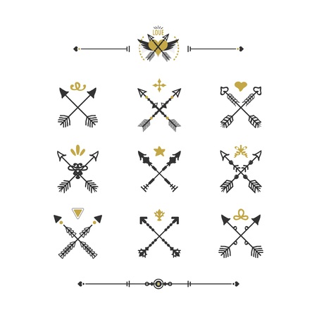 Black and golden modern retro hand drawn tribal crossed arrows icons set on white backgroundのイラスト素材