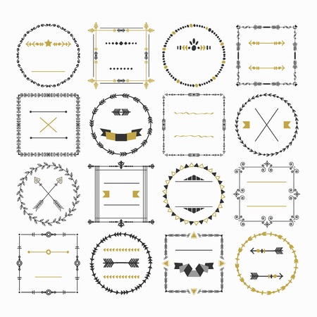 Black and golden empty circle and square border emblems icons set on white backgroundのイラスト素材
