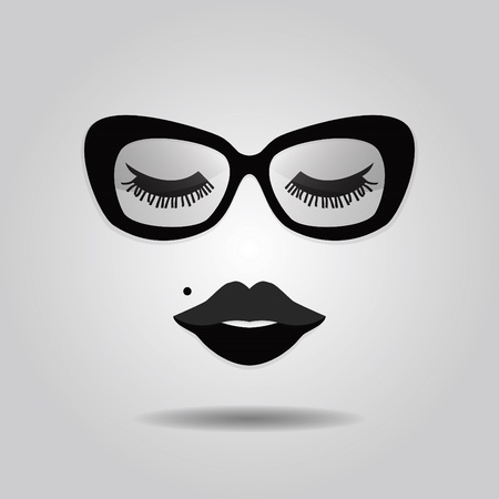 Hipster lady lips and sunglasses with closed eyes icons on gray gradient backgroundのイラスト素材
