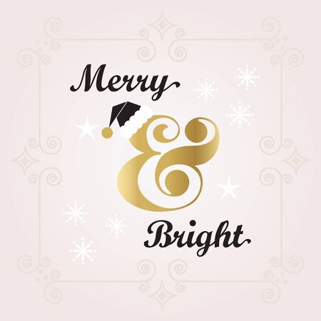 Black and golden Merry & Bright Holiday decoration Christmas card on pink backgroundのイラスト素材