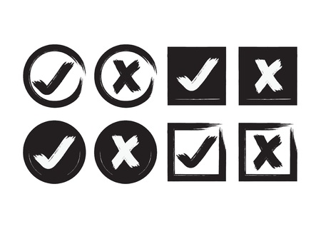 Black ink abstract circle and square brushed check mark and crossed X mark boxes icons set on white backgroundのイラスト素材